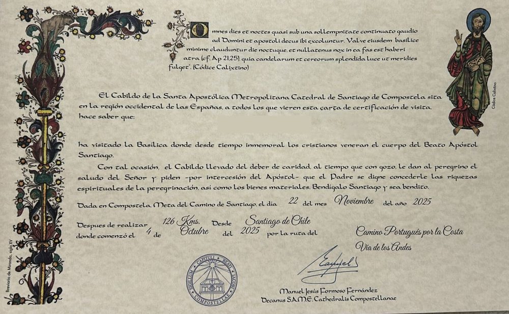 Certificado de la Catedral de Santiago para un peregrino que hizo la Vía de los Andes y el Camino Portugués por la Costa